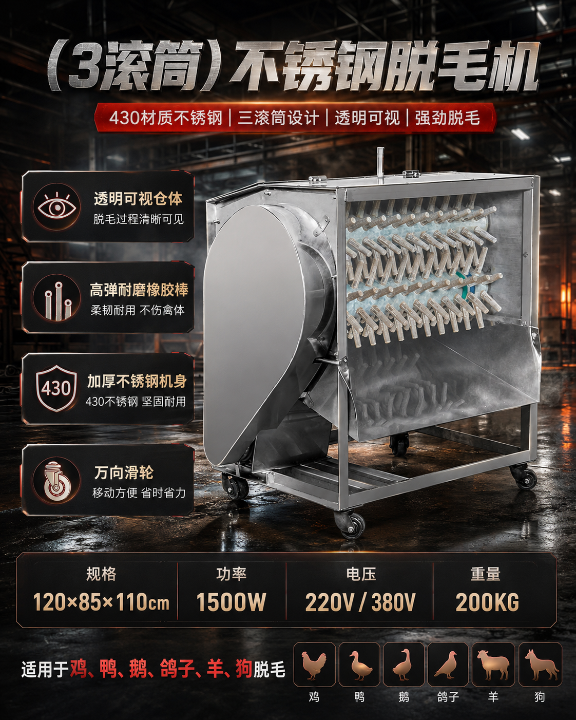 3滚筒不锈钢脱毛机